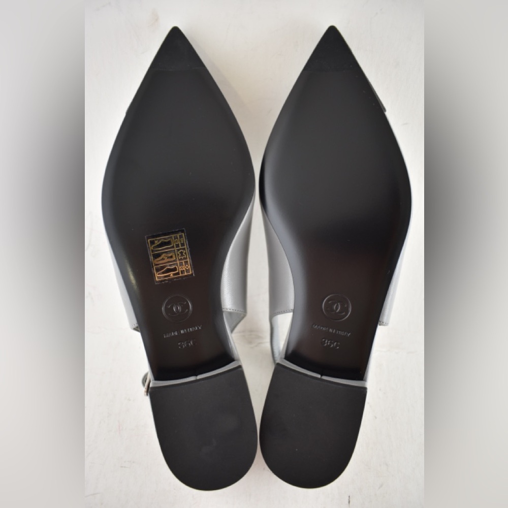 Chanel 24A Gray Leather Black CC Logo Coco Slingback Pointed Toe Ballet Flat 36c - Picture 16 of 16